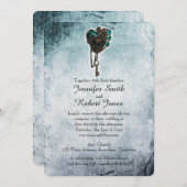 ステームパンクティール（緑がかった色）ハート結婚式招待状 招待状 (正面/裏面)