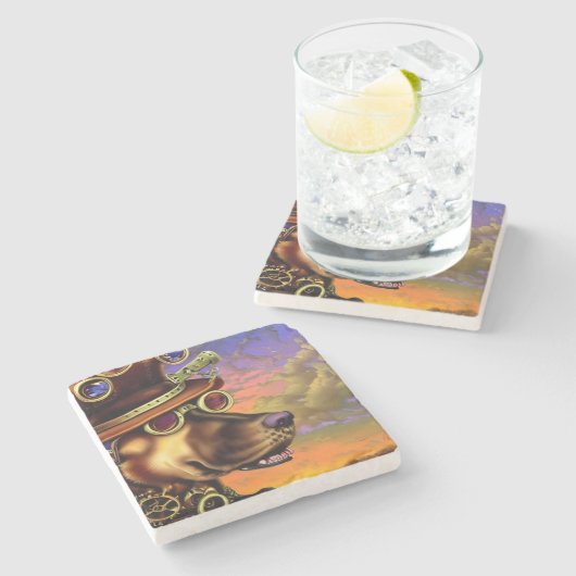 ステームパンクデジタルアートドッグポートレート ストーンコースター (横)