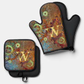 ステームパンクパーソナライズされたラスティClockworkギア 鍋つかみ&鍋敷きセット (正面/裏面)