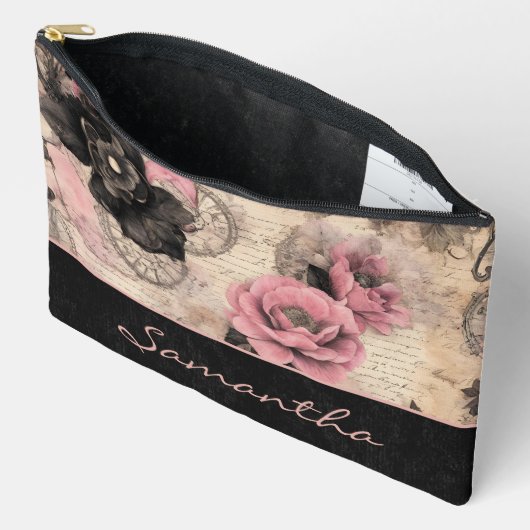 ステームパンクビクトリアンフローラピンクとブラックベルベット アクセサリーポーチ (見開き)