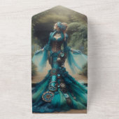 ステームパンクビクトリアンヴィンテージレディティール（緑がかった色）マーメイド オールインワン招待状 (外側)