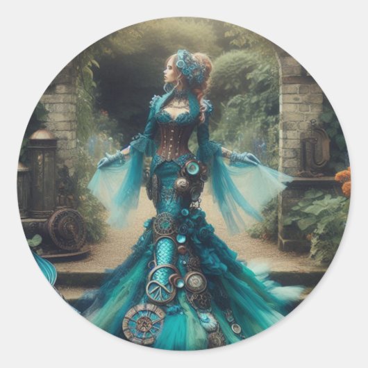 ステームパンクビクトリアンヴィンテージレディティール(緑がかった色)マーメイド ラウンドシール (正面)