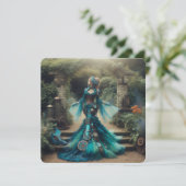 ステームパンクビクトリアンヴィンテージレディティール（緑がかった色）マーメイド 招待状 (スタンド正面)