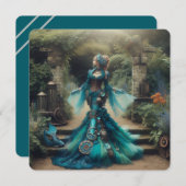 ステームパンクビクトリアンヴィンテージレディティール(緑がかった色)マーメイド 招待状 (正面/裏面)