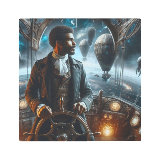 ステームパンクビクトリアンヴィンテージ宇宙エアキャプテン メタルプリント (正面)