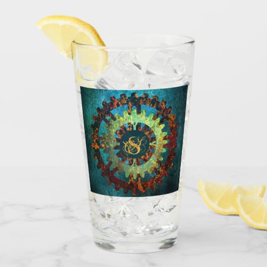 ステームパンクモノグラムのヴェルディグリスラスティコグホイール タンブラーグラス (アイス正面)