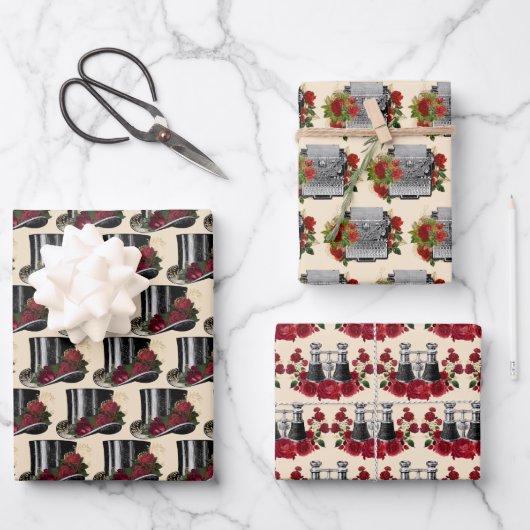 ステームパンクレッドバイノクルズタイプライターハットクリスマス ラッピングペーパーシート (正面)