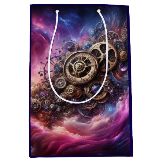 ステームパンク工業用クロック紫とピンク ミディアムペーパーバッグ (正面)