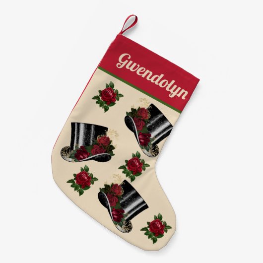 ステームパンク帽子とヴィンテージレッドローゼクリスマス スモールクリスマスストッキング (正面 (吊り時))