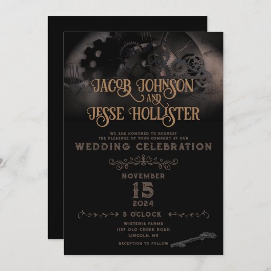 ステームパンク結婚式招待状 – フラットカード (正面/裏面)