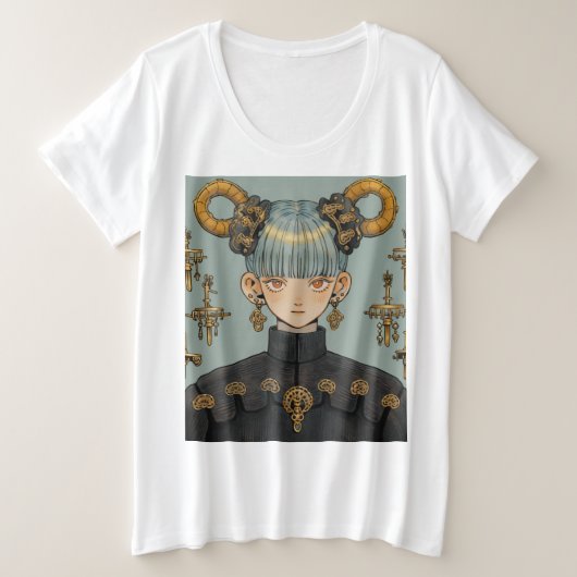 ステームパ華美ンクファンタジーアニメガール プラスサイズTシャツ (デザイン正面)