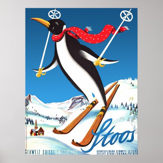 ストゥース、スキーに乗ったペンギン、スイスの山々 ポスター (正面)