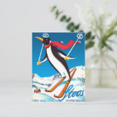 ストゥース、スキーに乗ったペンギン、スイスの山々 ポストカード (スタンド正面)