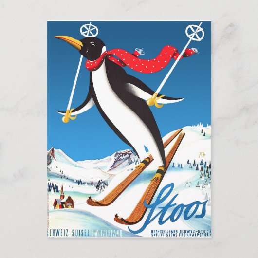 ストゥース、スキーに乗ったペンギン、スイスの山々 ポストカード (正面)