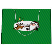 ストギーサンタとトナカイの緑のストライプ大 ラージペーパーバッグ (正面)