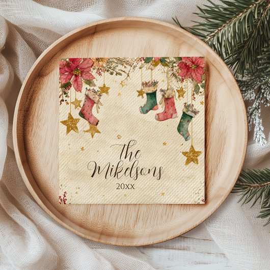 ストッキングと素朴ポインセティアスのクリスマスパーティー スタンダードカクテルナプキン