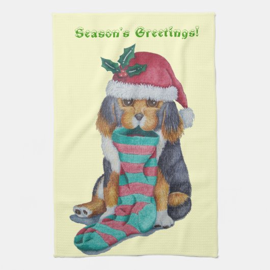 ストッキングのクリスマスのかわいく黒いおよび茶色の子犬 キッチンタオル (縦)