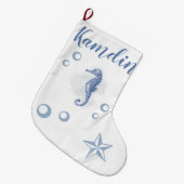 ストッキングパーソナライズされたシーホース海ビーチ水 ラージクリスマスストッキング (正面 (吊り時))