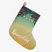 ストッキングパーソナライズされたビーチサンセットパームツリーズストリ ラージクリスマスストッキング (正面 (吊り時))