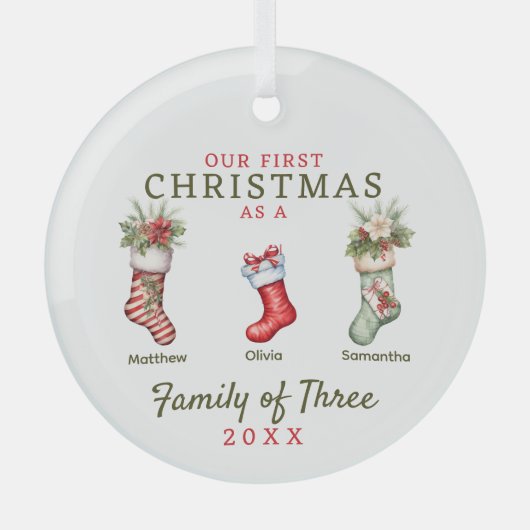 ストッキング三種初めてのクリスマス ガラスオーナメント (正面)