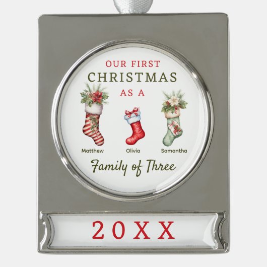 ストッキング三種初めてのクリスマス シルバープレートバナーオーナメント (正面)