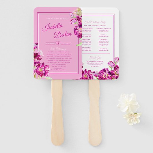ストックフラワーピンクの水彩結婚式プログラム ハンドファン (正面&裏面)