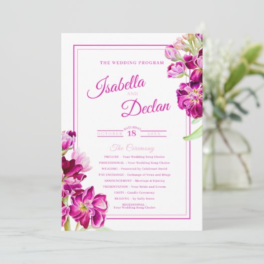 ストックフラワーピンクの水彩結婚式プログラム プログラム (スタンド正面)