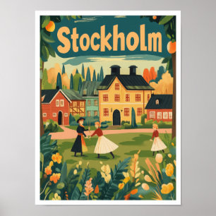 ストックホルムスウェーデンアートヴィンテージトラベルイラストレーション ポスター