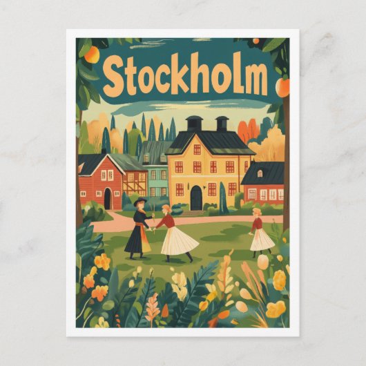 ストックホルムスウェーデンアートヴィンテージトラベルイラストレーション ポストカード (正面)