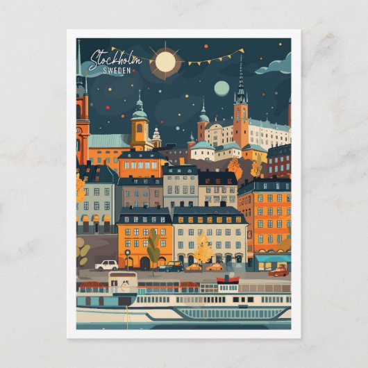 ストックホルムスウェーデンアートヴィンテージトラベルイラストレーション ポストカード (正面)