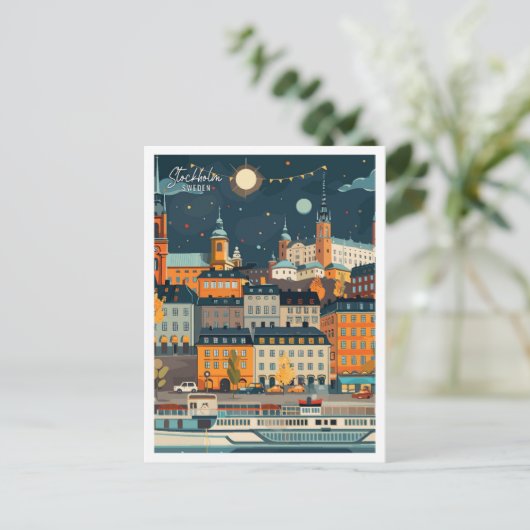 ストックホルムスウェーデンアートヴィンテージトラベルイラストレーション ポストカード (スタンド正面)