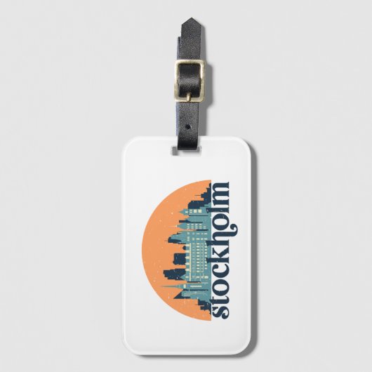 ストックホルムスウェーデンシティスカイラインレトロシティスケープアート ラゲッジタグ (正面縦)