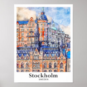 ストックホルムスウェーデン旅行水の色のスケッチ ポスター