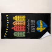 ストックホルム市のパーティーへようこそスウェーデンブラック ビーチタオル (正面)
