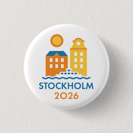 ストックホルム・スウェーデン2026年国際大会ピンバッジ 缶バッジ (正面)
