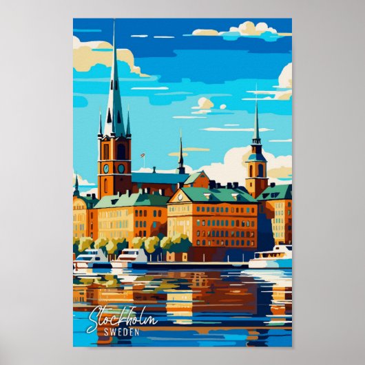 ストックホルム スウェーデン アート ヴィンテージ 旅行 イラスト ポスター (正面)