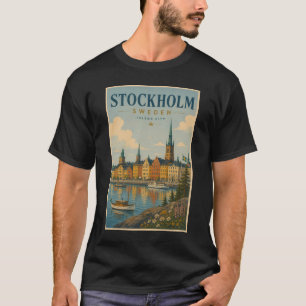 ストックホルム スウェーデン スカイライン イラスト 旅行アート Tシャツ
