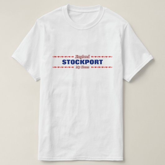 ストックポート-私の家庭のイギリス; 赤い及びピンクのハート Tシャツ (デザイン正面)