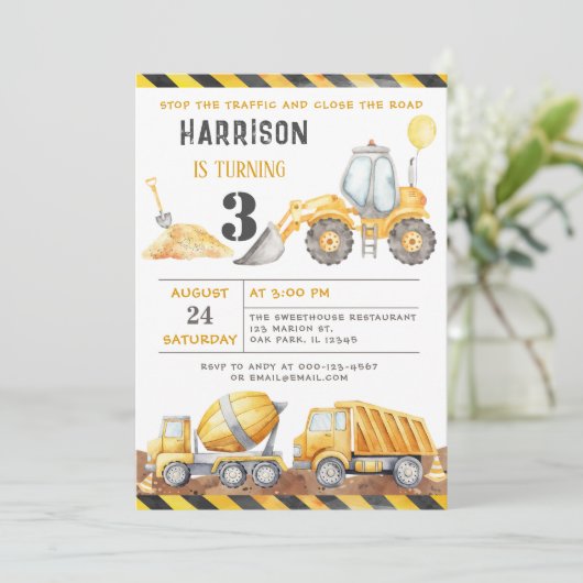 ストップ交通建築トラック誕生日 招待状 (スタンド正面)