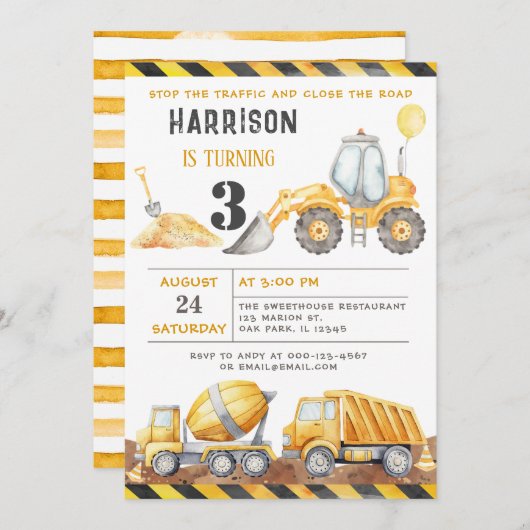 ストップ交通建築トラック誕生日 招待状 (正面/裏面)