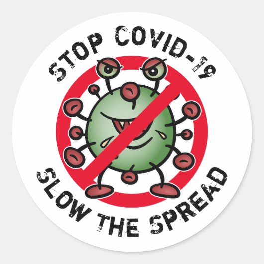 ストップCovid-19コロナウイルスおもしろい警告漫画 ラウンドシール (正面)