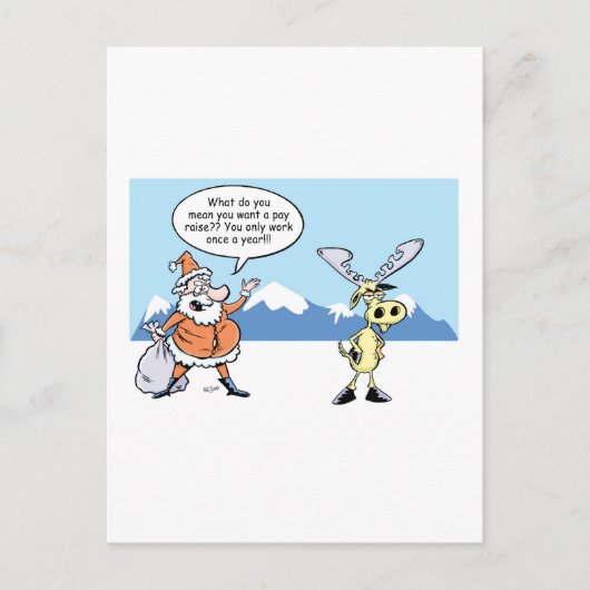 ストライキ中のクリスマス漫画サンタとトナカイ シーズンポストカード (正面)