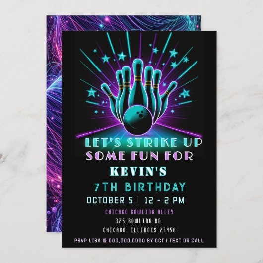 ストライクアップいくつかのおもしろいネオングローボーリング誕生日 招待状 (正面/裏面)