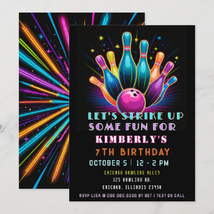 ストライクアップいくつかのおもしろいネオングローボーリング誕生日 招待状