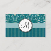 ストライプおよびモノグラムが付いているティール（緑がかった色）のダマスク織のクリーム 名刺 (裏面)