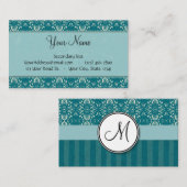 ストライプおよびモノグラムが付いているティール（緑がかった色）のダマスク織のクリーム 名刺 (正面/裏面)