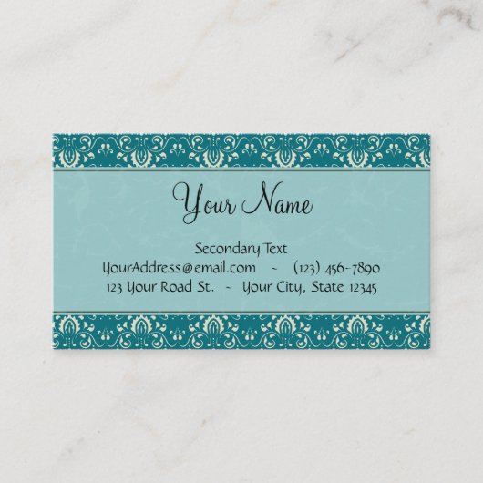 ストライプおよびモノグラムが付いているティール（緑がかった色）のダマスク織のクリーム 名刺 (正面)