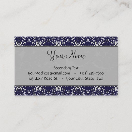 ストライプおよびモノグラムが付いている青の銀製のダマスク織 名刺 (正面)