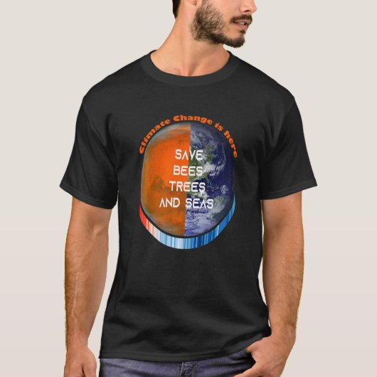ストライプで示そう - ミツバチと木と海を救おう 気候変動 Tシャツ (正面)