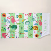 ストライプとカラフルトロピカルパターン ビーチタオル (正面)